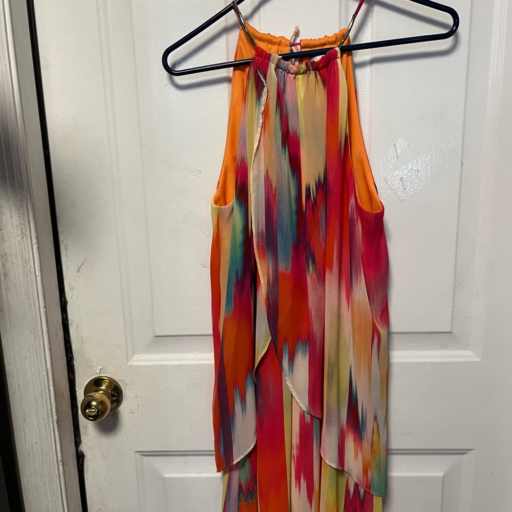 Vintage Bisou Bisou Orange and Pink Sleeveless Dress with Multicolor Trim - Picture 2 of 6